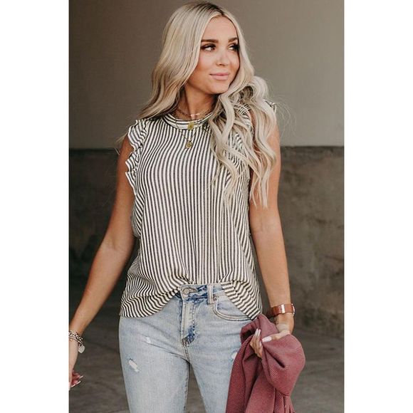 Azura Exchange  Gray Crew Neck Ruffled Striped Tank Top - Picture 7 of 15